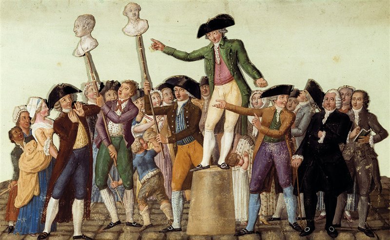 Una multitud porta los bustos de Necker y Luis Felipe de Orleans el 12 de julio de 1789 para protestar contra la monarquía.