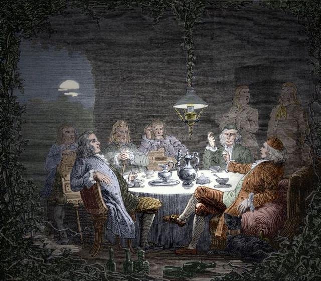 Reunión de la Sociedad Lunar en la casa del inventor escocés James Watt,  famoso por la máquina de vapor. Los miembros de Sociedad Lunar, que  incluían industrialistas y científicos prominentes, se reunieron entre  1765 y 1813 a discutir nuevas ideas e inventos.