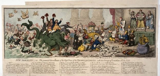 La Revolución Francesa hizo que la opinión se volviera en contra de los  liberales como Darwin y sus amigos, muchos de ellos en esta caricatura.  Pero con él se ensañaron de una manera muy particular, y lograron  destruir su reputación. (Imagen © The Trustees of the British Museum)