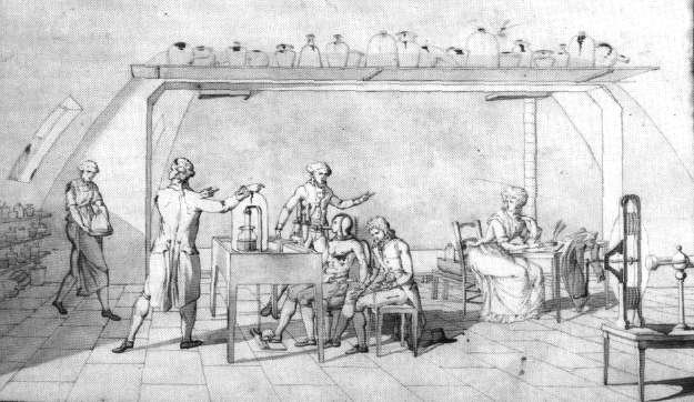Dibujo  de Madame Lavoisier. El dibujo muestra a su esposo y a ella misma, en  el laboratorio, realizando experimentos sobre respiración humana.