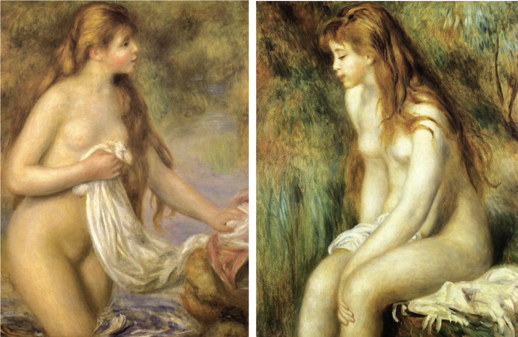 1) Bañista (Aline Charigot) - 1895 - Auguste Renoir - Museo de L´ Orangerie, París.2) Joven bañándose (Aline Charigot) - 1897 -  Auguste Renoir - Museo de arte metropolitano, New York