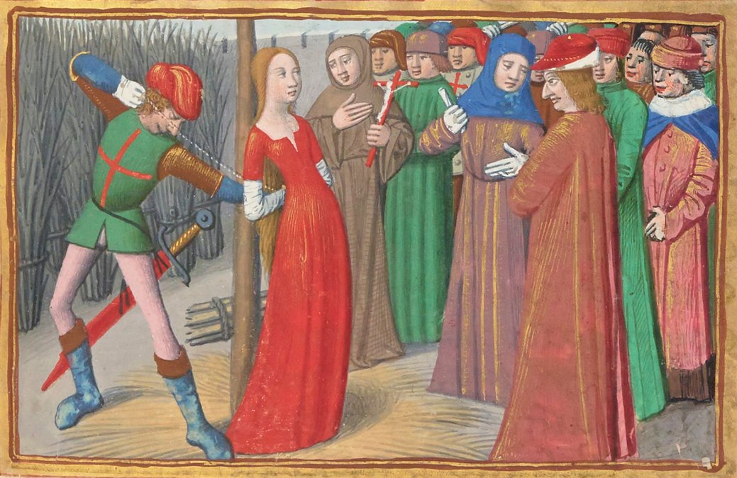 Juana de Arco en la hoguera, manuscrito iluminado de Las vigilias de Carlos VII, por Marcial de Auvernia (siglo XV).