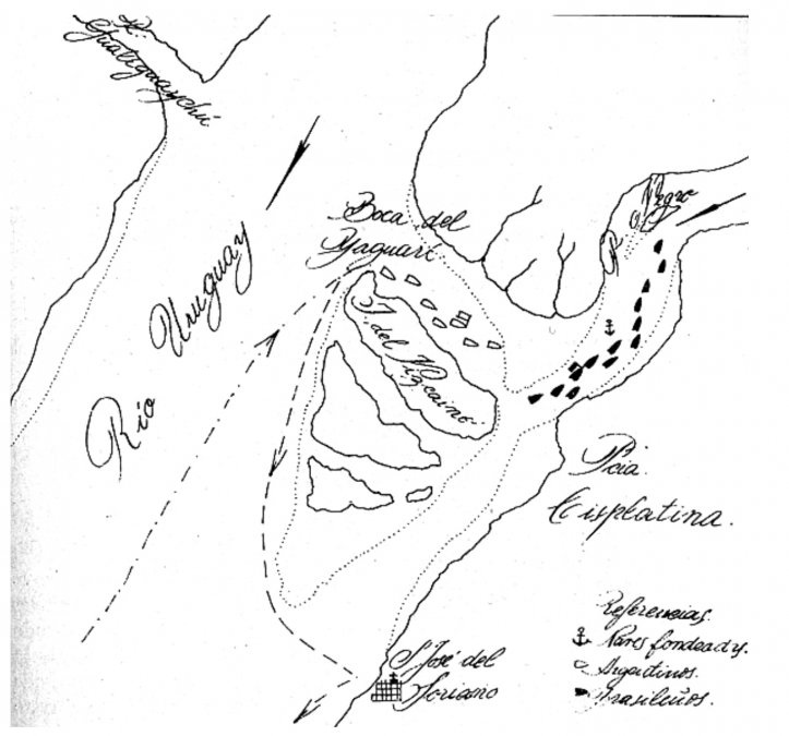 Grafico  		1, cañoneo del Yaguarí, 29 de Diciembre de 1826, segun Historia Naval  		Argentina de T, Caillet Bois