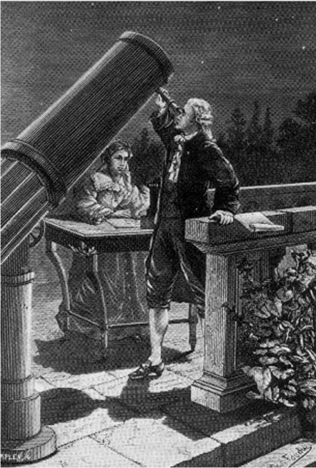 Caroline Herschel tomando notas mientras su hermano observa