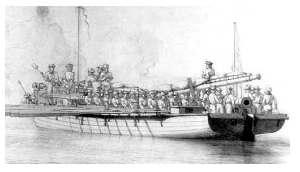 Cañonera danesa. La escuadra danesa estaba bien  surtida de esta clase de buques tan apropiados para escenarios como el  de esta batalla.