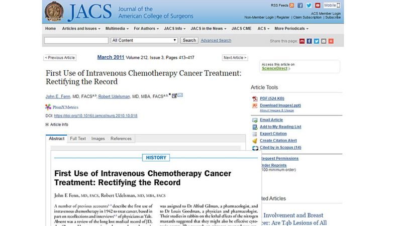 Los registros del caso de J.D. -el primer paciente que recibió  tratamiento de quimioterapia intravenosa para el cáncer, un evento  seminal que tuvo lugar en Yale en 1942- estuvieron perdidos durante casi  70 años. Por fin los encontraron y publicaron en 2011.