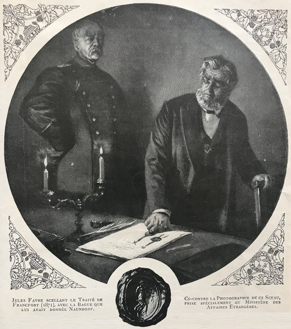 Jules Favre, ministro francés de Asuntos Exteriores, pone su sello en el Tratado de Fráncfort, mientras Otto von Bismarck lo observa.