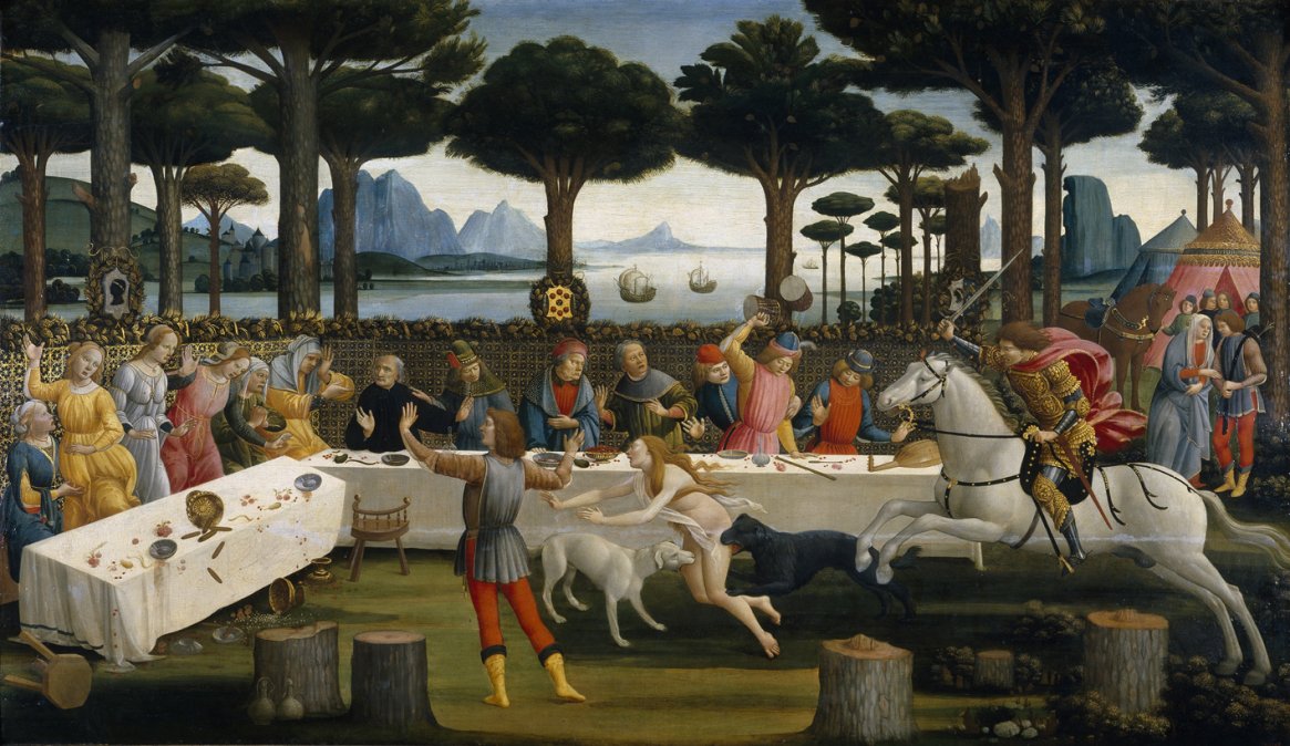 Escena tercera de la obra Nastagio degli Onesti, 1483, Museo del Prado, Madrid.