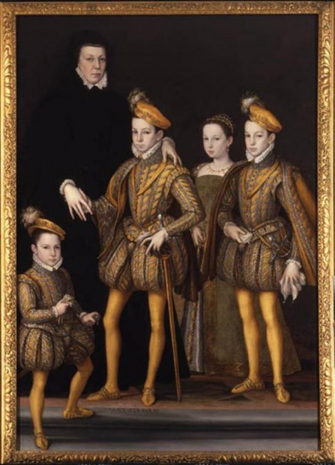 Catalina de Médici con sus hijos en 1561: Francisco, Carlos IX, Margarita y Enrique.