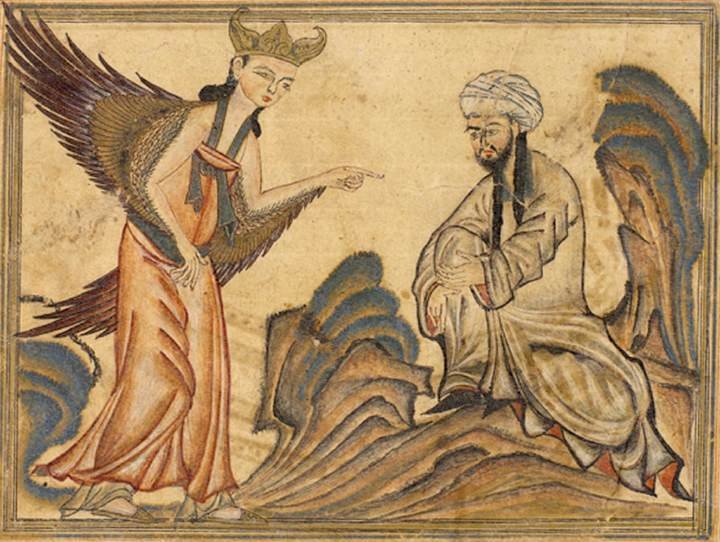 Mahoma recibiendo la revelación del ángel Gabriel en una miniatura iraní del siglo XV. Aquí Mahoma aparece con el rostro descubierto, algo que no es habitual.