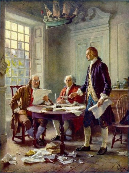 Representación idealizada de Franklin, Adams y Jefferson trabajando en la Declaración de Independencia.