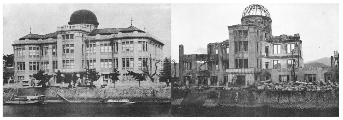 El Centro de Exhibiciones de Hiroshima antes y después de la explosión  nuclear. Fue uno de los pocos edificios que perduran hasta nuestros  días.