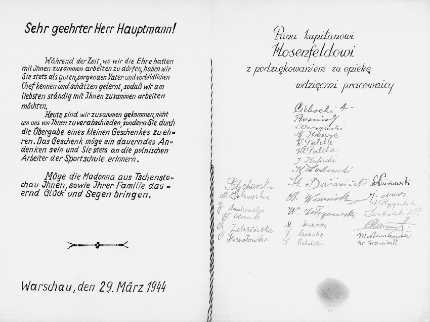 El 29 de marzo de 1944, los polacos a los que salvó Hosenfeld, dándoles  un empleo en la escuela de deportes de la Wehrmacht en Varsovia, le  entregaron este documento a modo de agradecimiento, junto a una imagen  de la Virgen de Czestochowa (Foto: Spiegel.de / Archivo privado de la familia Hosenfeld)