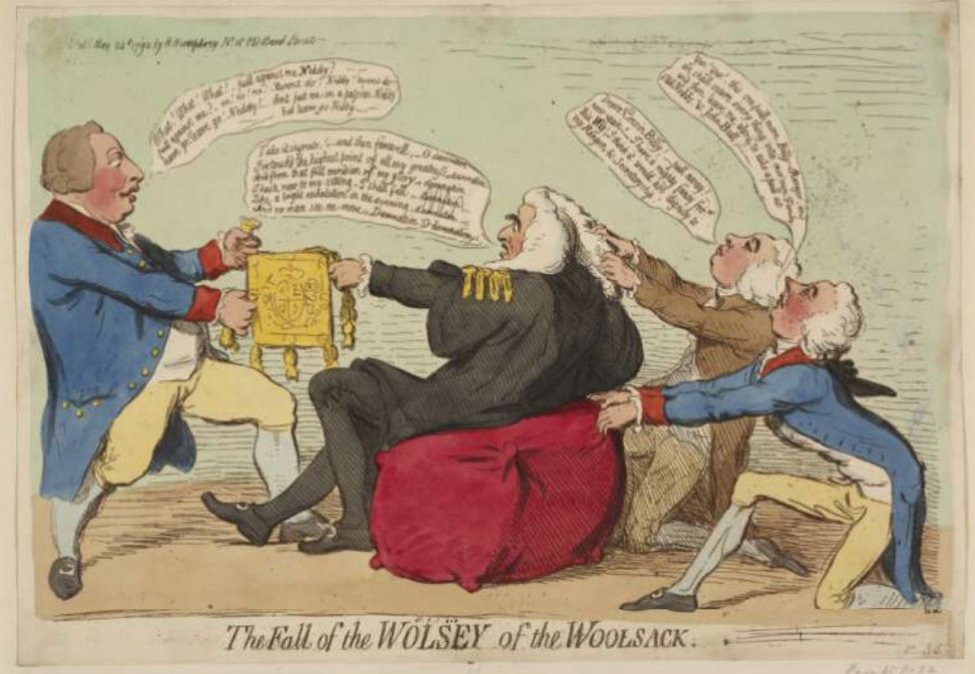                   The fall of the Wolsey of the wolosack. Caricatura satírica de James Gillray - Inglaterra - 1792      