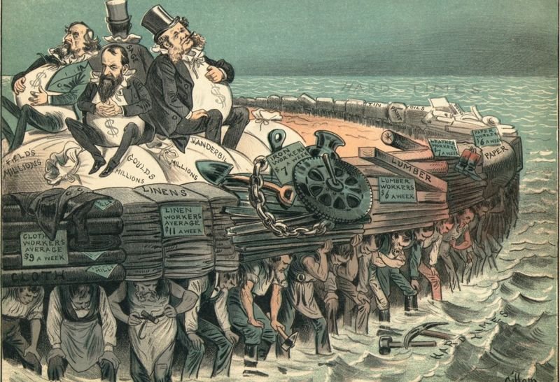 Caricatura política contra 4 barones ladrones, 1883. Los trabajadores  luchan para sostener las industrias de la madera, el papel y el lino con  trabajos de bajo salario.