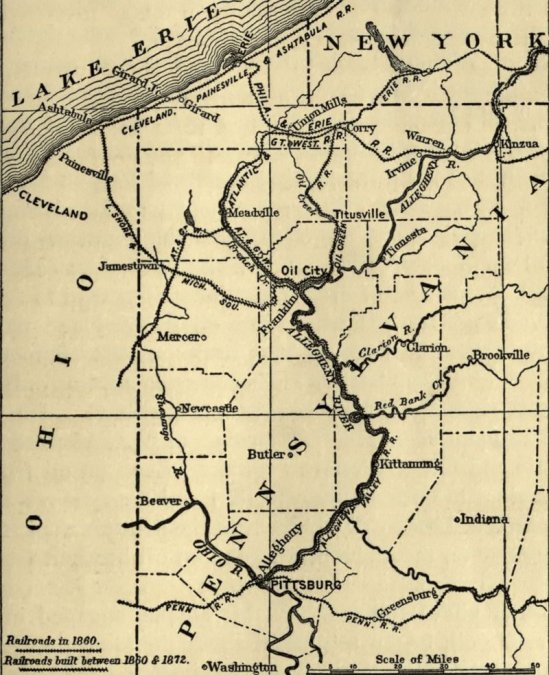 Mapa del noroeste de Pensilvania, que muestra la región petrolera con  los ferrocarriles en 1859, cuando se 