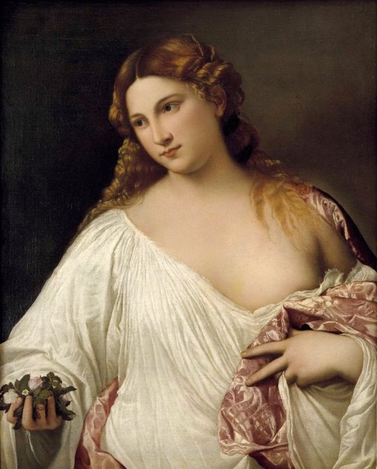 Flora (1515), óleo sobre lienzo "Flora" es la pintura más famosa de una serie de  retratos de temática mitológica realizados durante la década de 1510.  Con la mujer como tema central, se caracterizan por su erotismo y por la  gran atención a detalles como el cabello o los pliegues de la ropa.