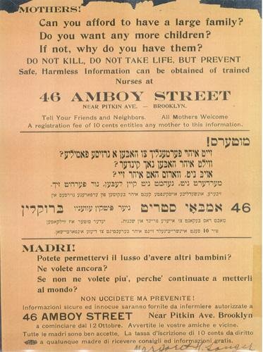 Este es el panfleto que circulaba por Nueva York en tres idiomas  anunciando la apertura de la clínica de Margaret Sanger en 1916.  (Gentileza "The Margaret Sanger Papers, Sophia Smith Collection, Smith  College, Northampton, Massachusett")
