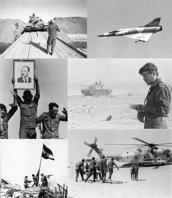 Tanques israelíes cruzando el Canal de Suez - Variante israelí Nesher del avión de combate Mirage V sobrevolando los Altos del Golán - Soldado israelí rezando en la península del Sinaí - Tropas israelíes evacuando al personal herido - Tropas egipcias izando la bandera de Egipto en una antigua posición israelí en la Península del Sinaí - Soldados egipcios con un retrato de Anwar Sadat