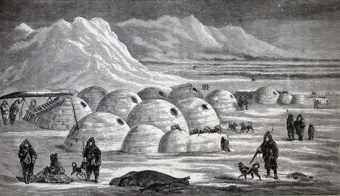 Aldea inuit de iglús en la isla de Baffin, ilustración de Charles Francis Hall, 1865.