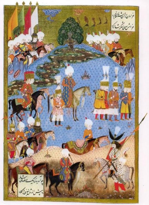 Miniatura que muestra a Solimán marchando con su ejército en Najicheván.