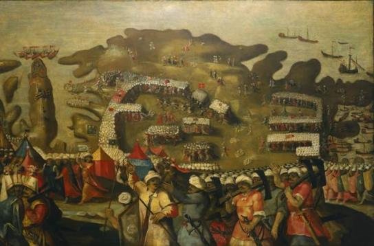 Llegada de la flota turca a Malta en 1565, según una obra de Mateo Pérez de Alesio.