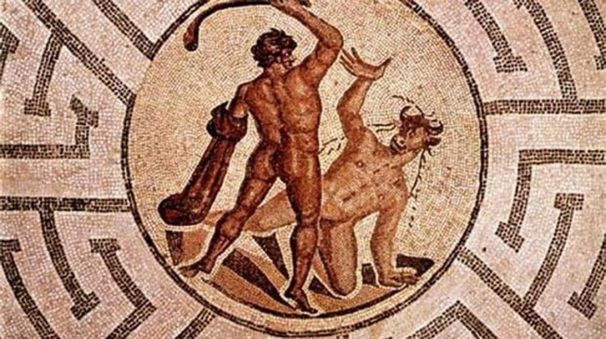 Mosaico que representa el mito de Teseo y el Minotauro en el laberinto