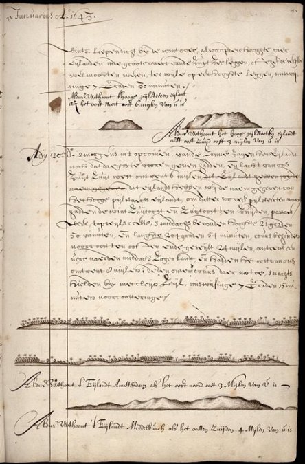 Durante los largos viajes, Abel Tasman llevaba  un diario de abordo en el que anotaba y dibujaba aquello que iba  viendo. Esta página pertenece a una entrada de 1642. 