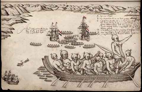 En diciembre de 1642, la expedición de Tasman contempló las costas de la  actual Nueva Zelanda. Fueron los primeros europeos en tener contacto  con los maoríes. Isaack Gilsemans, el ilustrador que viajaba en la  expedición, realizó esta representación del encuentro. 