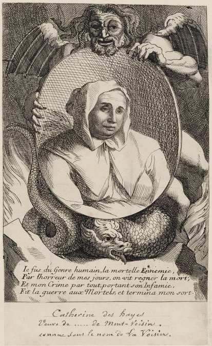 Impresión  de un retrato de La Voisin sostenido por un diablo alado (siglo XVII).  La Voisin fue la figura central del asunto de los venenos.
