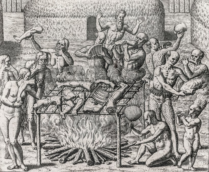 Canibalismo en Brasil, descrito por Hans Staden (1557).