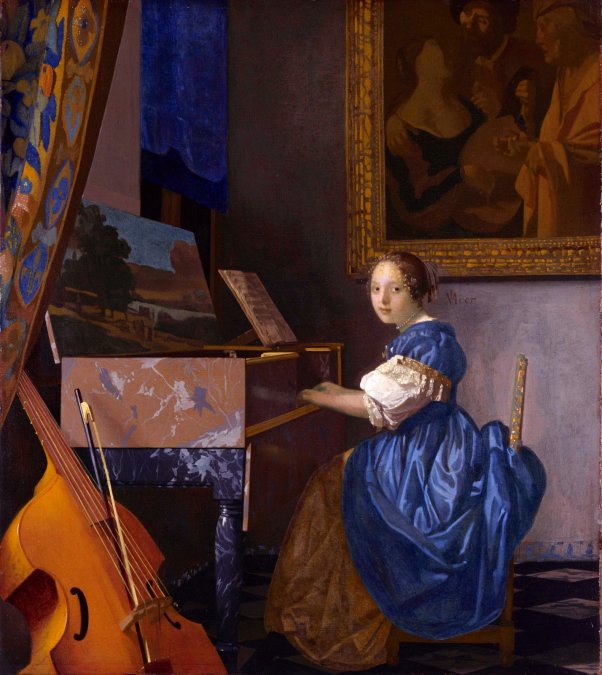 Mujer sentada tocando la espineta, h, 1675, óleo sobre lienzo, 51,5 x 45,5, National Gallery, Londres.