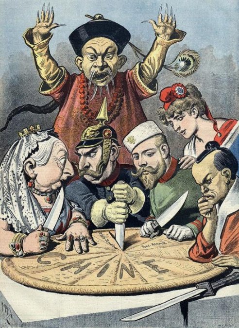 Caricatura que ironiza sobre el reparto de China entre las grandes potencias.
